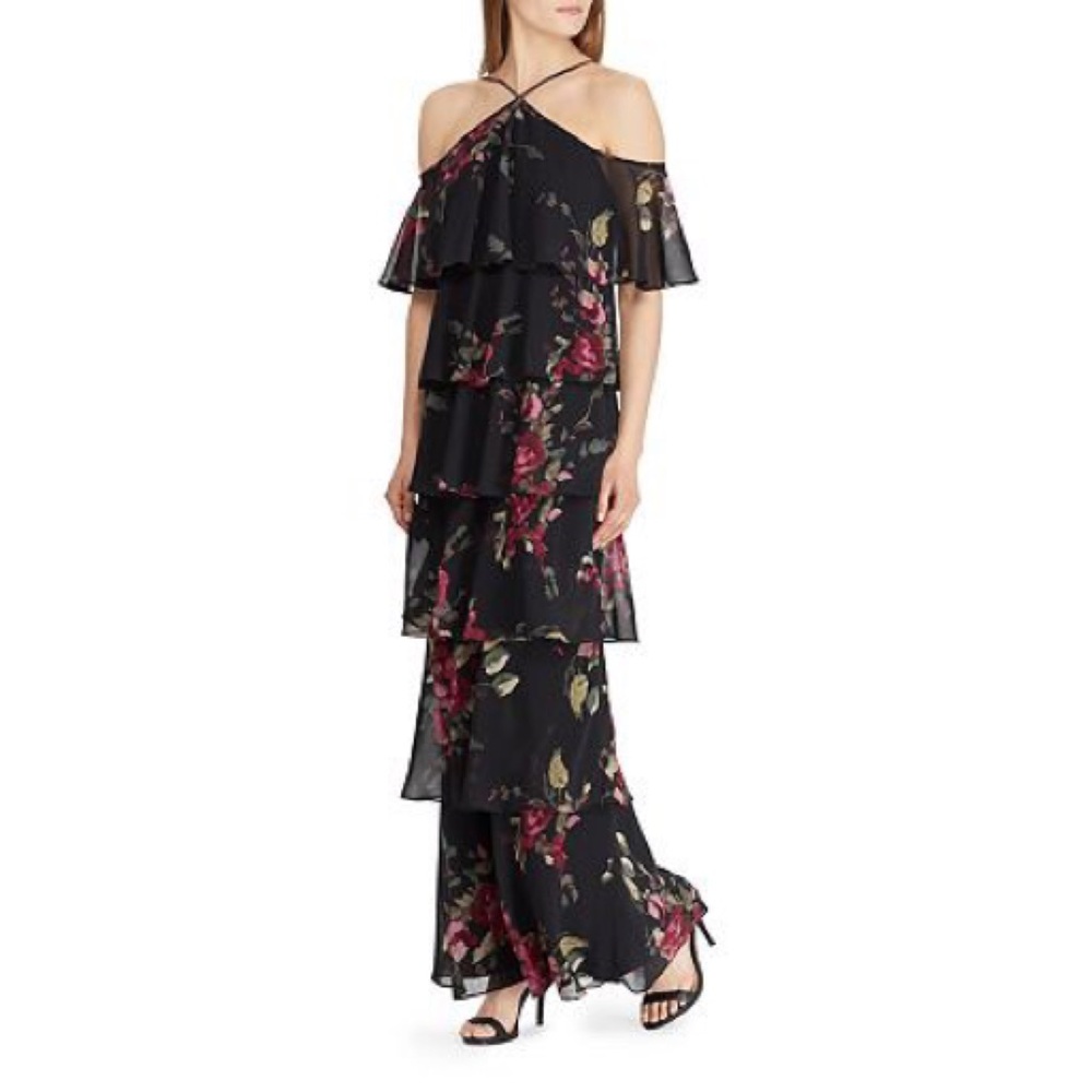 Size 4 Ralph Lauren Tiered Cold-shoulder Floral Gown